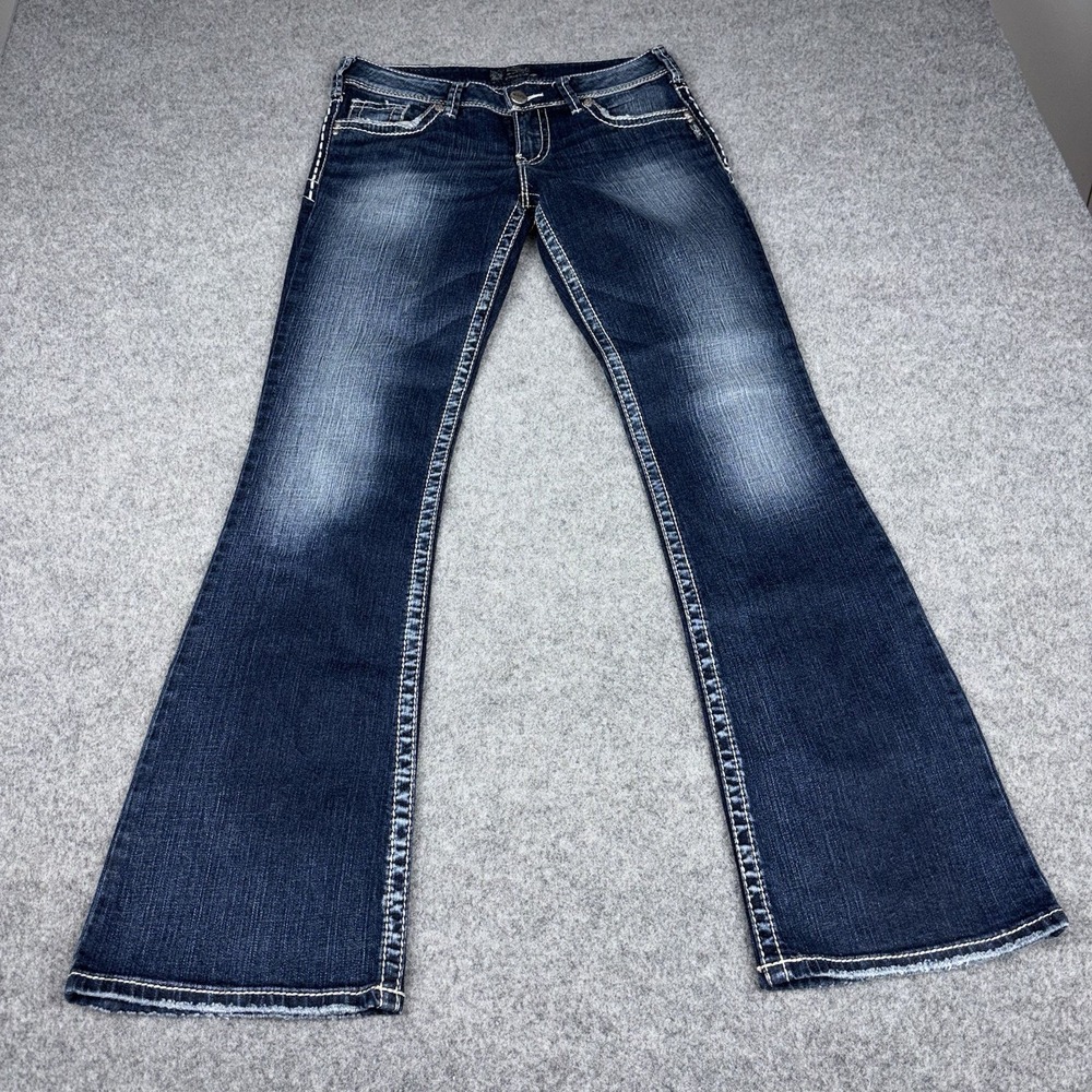 Silver Jeans Womens 29x34 (Fits 32x33) Suki Flare Dark Wash Design Bootcut Denim